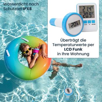 Preview: Digitales Funk-Poolthermometer - Präziser IPX8 Sender, grosse LCD-Basisstation - Wassertemperatur Pool/Teich - bis zu 3 Thermometer, -20 bis +60 °C