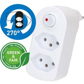 Preview: Multiprise biplite 2 prises T13 – fiche pivotante – interrupteur marche/arrêt – blanc