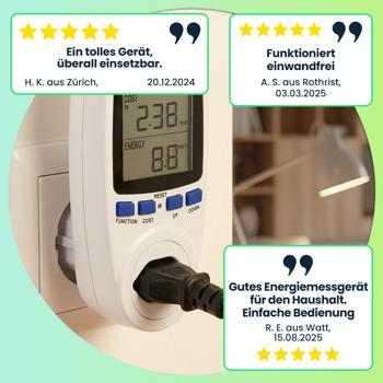 Preview: Energiekostenmessgerät digital mit Doppeltarif – Stromverbrauchsmessgerät bis 2500W – Präzises Messen von Volt, Watt & Ampere