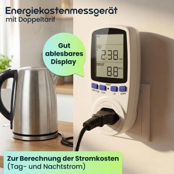 Preview: Energiekostenmessgerät digital mit Doppeltarif – Stromverbrauchsmessgerät bis 2500W – Präzises Messen von Volt, Watt & Ampere