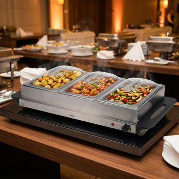 Chauffe-plat Électrique avec Plaque Chauffante - 3 Récipients 2L - Acier Inoxydable 300W - Température 40-60°C - Buffets et Fêtes - 53x35x10cm
