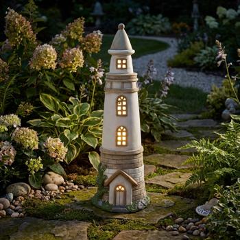 Preview: Solarlampe Leuchtturm grau-weiss - Dekofigur 71cm für Garten, Balkon - Maritimes Flair, wetterfest- Solarlicht mit Akku-Batterie