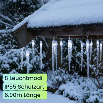 Preview: Eiszapfen-LED-Lichterkette - 8 Leuchtmodi & Timer - Kaltweisses Licht - IP44 Schutzart - 72 LEDs - 6.90m Länge - Für Aussenbereich - Weihnachtsdeko