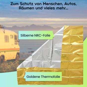 Preview: 5er Set Zuverlässige Rettungsdecke, 210 x 160 cm, gold - silber, Wärmefolie auch ideal für Sport, Camping und Outdoor Abenteuer, ein Produkt der NASA