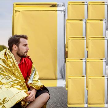 10er Set Zuverlässige Rettungsdecke, 210 x 160 cm, gold - silber, Notfalldecke - Wärmefolie auch für Survival Abenteuer und Wandern, ein Produkt der NASA