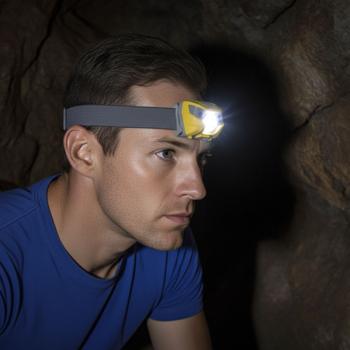 Aufladbare LED-Kopflampe (USB): Helle Stirnlampe (grau/gelb) für komfortable Ausleuchtung. Freihändige Beleuchtung für Outdoor & Arbeit