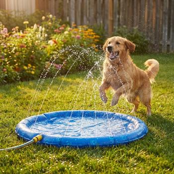 Kühlende Hunde-Wassermatte, Ø 90cm, Blau – Sprühmatte mit Gartenschlauchanschluss – Für Erfrischenden Sommerspass