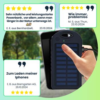 Preview: Solar Powerbank inkl. Taschenlampe, 4.000 mAh, 2x USB-A Anschlüsse, 10 Watt, Solarpanel, Ladestandanzeige, zum Laden von iPhone, Samsung, Android