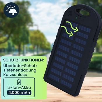 Preview: Solar Powerbank inkl. Taschenlampe, 4.000 mAh, 2x USB-A Anschlüsse, 10 Watt, Solarpanel, Ladestandanzeige, zum Laden von iPhone, Samsung, Android