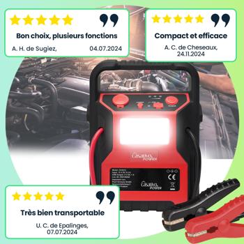 Preview: Booster Démarrage 5-en-1 - Compresseur 600A/17 bar - Batterie 9000mAh - Lampe LED - Sortie 12V - Pour Moteurs Diesel/Essence 2.0L/2.4L