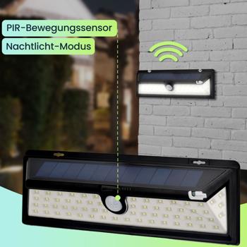Preview: 4er-Spar Set Moderne Wandleuchte, Solarpanel, PIR Bewegungs-Sensor, 66 helle LEDs, 800 Lumen, 13,2 Watt, IP44, inkl. Montagematerial