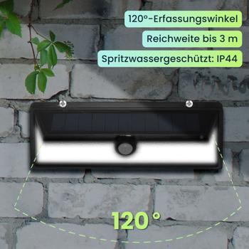 Preview: 4er-Spar Set Moderne Wandleuchte, Solarpanel, PIR Bewegungs-Sensor, 66 helle LEDs, 800 Lumen, 13,2 Watt, IP44, inkl. Montagematerial