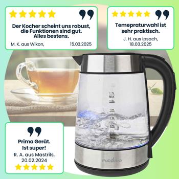 Preview: Hochwertiger Glas-Wasserkocher, 360°-Drehsockel, 1,7 Liter, 2200 Watt, Digitale Temperaturanzeige, 5 Temperaturbereiche: 50, 70, 80, 90, 100 °C