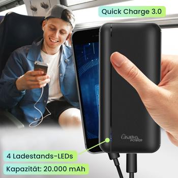 Preview: Powerbank mit 3 USB Ports, 20.000 mAh, USB-C & 2 USB-A Ports, Quick Charge 3.0, für iPhone 16, 15, 14, 13, 12, Pro/Max Samsung, iPad, Huawei