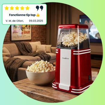 Preview: Machine à Pop-corn Rétro Rouge-Blanc - Préparation Rapide à Air Chaud sans Matière Grasse - 1200W - 15x29x17cm - Idéale Fêtes Cinéma