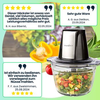 Preview: Robuster elektrischer Multi Zerkleinerer mit Glasbehälter, 1 Liter, 500 W, 2 Edelstahlklingen, Häcksler für Nüsse, Obst, Gemüse, Fleisch, Babynahrung