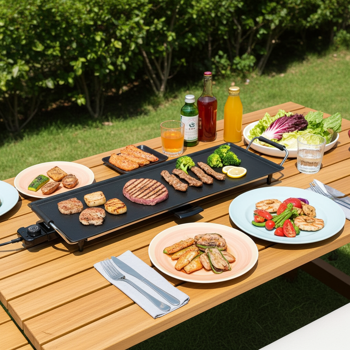 Preview: Piastra grill elettrica XXL - Griglia da tavolo Teppanyaki per arrostire a basso contenuto di grassi, 90 x 23 cm, 1800W, rivestimento antiaderente, ideale per carne, pesce e verdure