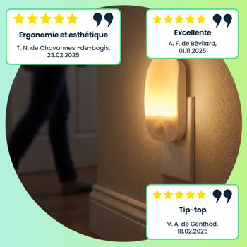 Preview: Veilleuse LED sur prise - Détecteur mouvement PIR & capteur crépusculaire - Lumière blanc chaud - 3 LED - 0.55W - IP20 - Économe en énergie