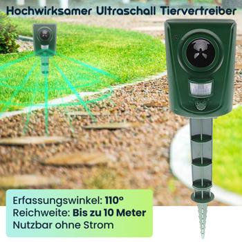 Preview: Hochwirksamer Ultraschall Tiervertreiber, grün, Tierschreck, grosse Reichweite und Erfassungswinkel von 110° für Katzen, Hunde, Marder