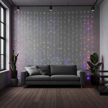 Farbige WLAN-Smart-Vorhang-Lichterkette - 180 RGB-LEDs - 7 Lichtmuster - IP65 Aussen & Innen - App-Steuerung & Sprachsteuerung (Alexa/Google) - 3m Länge