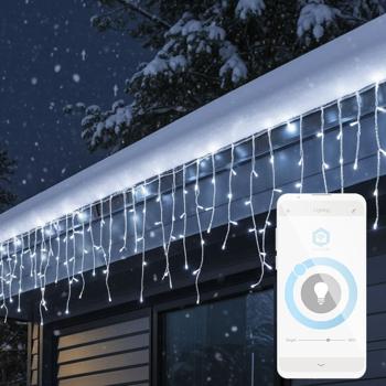 WLAN-Smart-Eisregen Lichterkette - 400 kaltweisse LEDs, 8m - IP65, dimmbar, Timer - für Innen- & Aussenbereich - 7 Lichteffekte, festliche Deko