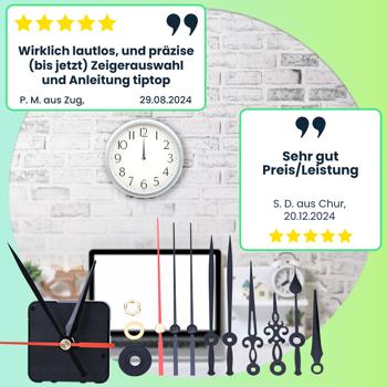 Preview: Geräuschloses Uhrwerk Komplettset mit 3 verschiedenen Zeigersätzen, leise schleichende Zeiger ohne Ticken, stabiles Gehäuse, Batteriebetrieb