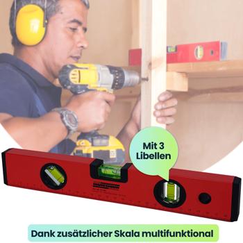 Preview: Robuste 30cm Wasserwaage (rot/schwarz) mit 3 Libellen – Zuverlässiges Messwerkzeug für Heimwerker und Profis