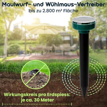 Preview: Hocheffizienter Maulwurf- und Wühlmaus-Vertreiber, 16er Mega Spar Pack, Erdspiesse, solarbetrieben, bis 11200 m², IP44, umweltschonend, ohne Chemie