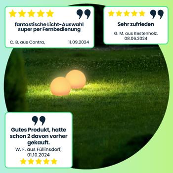 Preview: 2er-Set Solar-LED-Leuchtkugel, Ø 20cm, RGBW mit Fernbedienung, 60 Lu, IP67. Farbwechsel-Lichtkugel für Garten & Terrasse, wetterfest & kabellos
