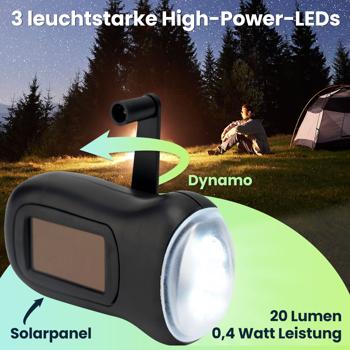 Preview: 2er-Set praktische Survival Dynamo-Taschenlampe mit Solarpanel, 3 High Power LEDs, 20 Lumen, Akku, ideal für Outdoor Abenteuer und Camping