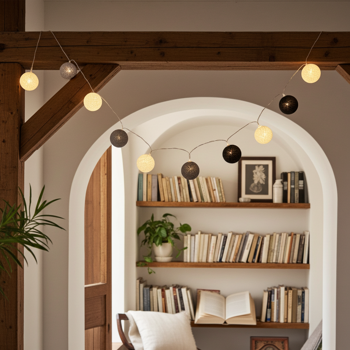 Dekorative Lichterkette mit 10 Baumwoll-Lampions (weiss-grau-schwarz) – Für eine stimmungsvolle Beleuchtung im Innenbereich