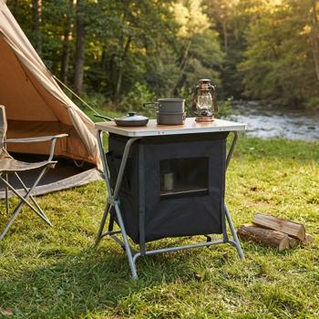 Faltbare Camping-Küchenbox: 60x45x64cm, dunkelgrau-braun. Vielseitiger Faltschrank auch als Tisch & Ablage nutzbar - Geniales Camping Accessoire