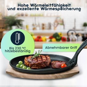 Preview: 2er-Set Massive Profi Servierpfanne aus Gusseisen mit Holz-Untersetzer, 24 x 14 x 2,2 cm, Abnehmbarer Griff, bis 230 °C hitzebeständig 