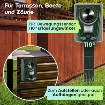 Preview: 2er-Set Universal Tierabwehrgerät, hocheffektiver Ultraschall Tiervertreiber, PIR-Bewegungsmelder, bis 60 m²,  vertreibt Hunde, Katzen, Kleintiere, Vögel, Marder