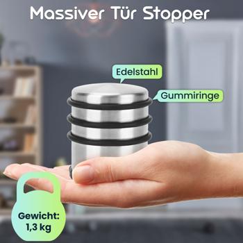 Preview: 3er-Set Cleverer Türstopper ohne Bohren: Edelstahl-Türstopper mit Anti-Rutsch-Boden und Gummiringen – einfach & schnell - optimaler Schutz