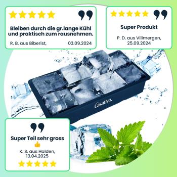 Preview: 6er-Set XXL Silikon Eiswürfelform (8 Fächer, 5x5cm): Grosse Eiswürfel, 1 Liter Füllmenge – BPA-freie, langlebige & wiederverwendbare Eiswürfelform