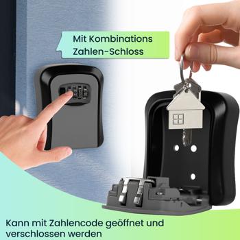 Preview: Robuster Schlüsselsafe mit Zahlen-Code – sichere Schlüsselaufbewahrung für drinnen & draussen, wetterfest, (11,5 x 8,5 x 4 cm), einfache Montage
