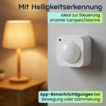 Preview: SmartLife Bewegungssensor - PIR-Sensor - Smart Home kompatibel - Helligkeitserkennung - kabellos, batteriebetrieben - 100° Detektionswinkel - 4,6x3,9x4,6 cm