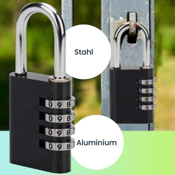 Preview: Zahlenschloss Vorhängeschloss 4-stellig – Robustes Koffersschloss aus Aluminium mit Stahlbügel, 10.000 Code-Kombinationen, schwarz