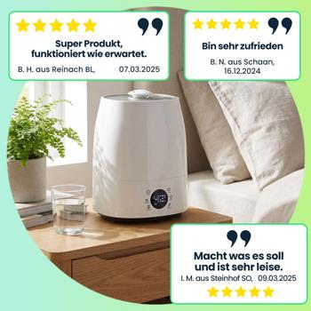Preview: Effektiver Luftbefeuchter (grau/weiss) mit Hygrometer – Für Räume bis 50 m² – 5,5 Liter Tank & Keramikfilter für ein gesundes Raumklima