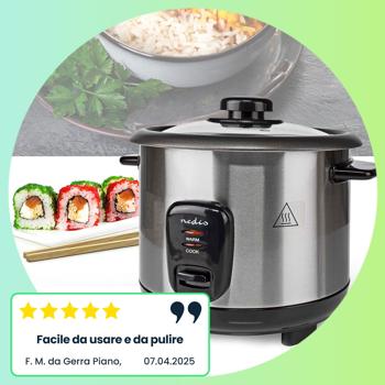 Preview: Elegante cuociriso in acciaio inox con funzione keep warm, 1 litro, 400 W, nero - argento, rivestimento antiaderente, per un massimo di 5 porzioni di riso delizioso