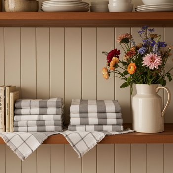 Preview: Lot de 4 Torchons de Cuisine en Coton - Absorption Supérieure & Séchage Optimal Vaisselle, Fenêtres, Étagères - Gris/Blanc à Carreaux - 70x50 cm - Lavable 95°C - Durable