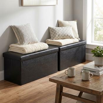 2er-Set Elegante Faltbare Sitztruhe, für 2 Personen, faltbar, Kunstleder in schwarz, mit zusätzlichem Stauraum und komfortablem Sitz