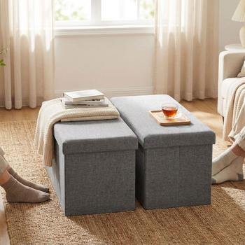 2er Set Elegante faltbare Sitztruhe, für 2 Personen, 76 x 37.5 x 37.5 cm, Textilbezug in grau, mit zusätzlichem Stauraum und komfortablem Sitz
