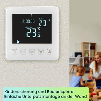 Preview: Digitales Raum Thermostat für Fussbodenheizungen, Touch-Tasten, LCD-Display, programmierbares Wand Heizungsthermostat mit Temperaturregler