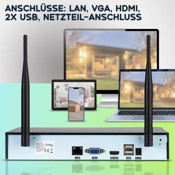Preview: Profi Funk-Überwachungssystem, 8 QHD-2K Kameras & HDD-Rekorder, Tuya App mit Live Fernzugriff, Nachtsicht mit IR-LEDs, wetterfest - IP66
