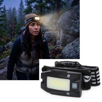 Lampada frontale LED ricaricabile con controllo gestuale – uso a mani libere, 180 lumen, portata 20 m – IPX4, USB‑C, testa orientabile a 360°, outdoor, camping