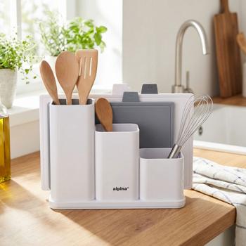 Porte-ustensiles de cuisine - Organiseur plan de travail avec 2 planches à découper - Blanc, 34x23x11,5 cm - Compatible lave-vaisselle, idéal camping