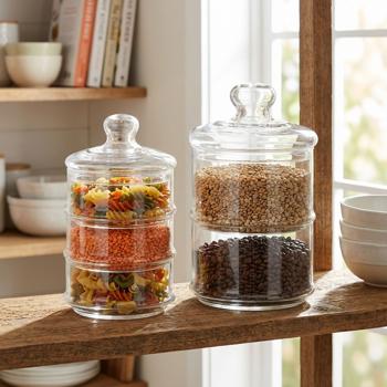Aufbewahrungsglas-Set mit 2 und 3 Ebenen - Hygienische Glasbehälter für Gebäck, Süssigkeiten & Pralinen - Ø 16x28 cm & Ø 12x23 cm mit Deckel
