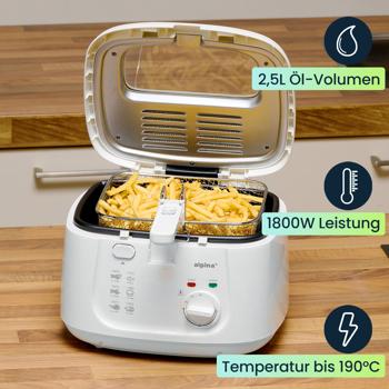 Preview: Fritteuse mit Deckel – 2,5L Öl-Volumen, 1800W Leistung, Temperatur bis 190°C, weisses Design, knusprige Pommes & Snacks, einfache Reinigung, kompakt
